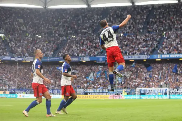 Luka Vuskovic of Hamburg celebrates scoring his team's first Bundesliga goal in seven years.