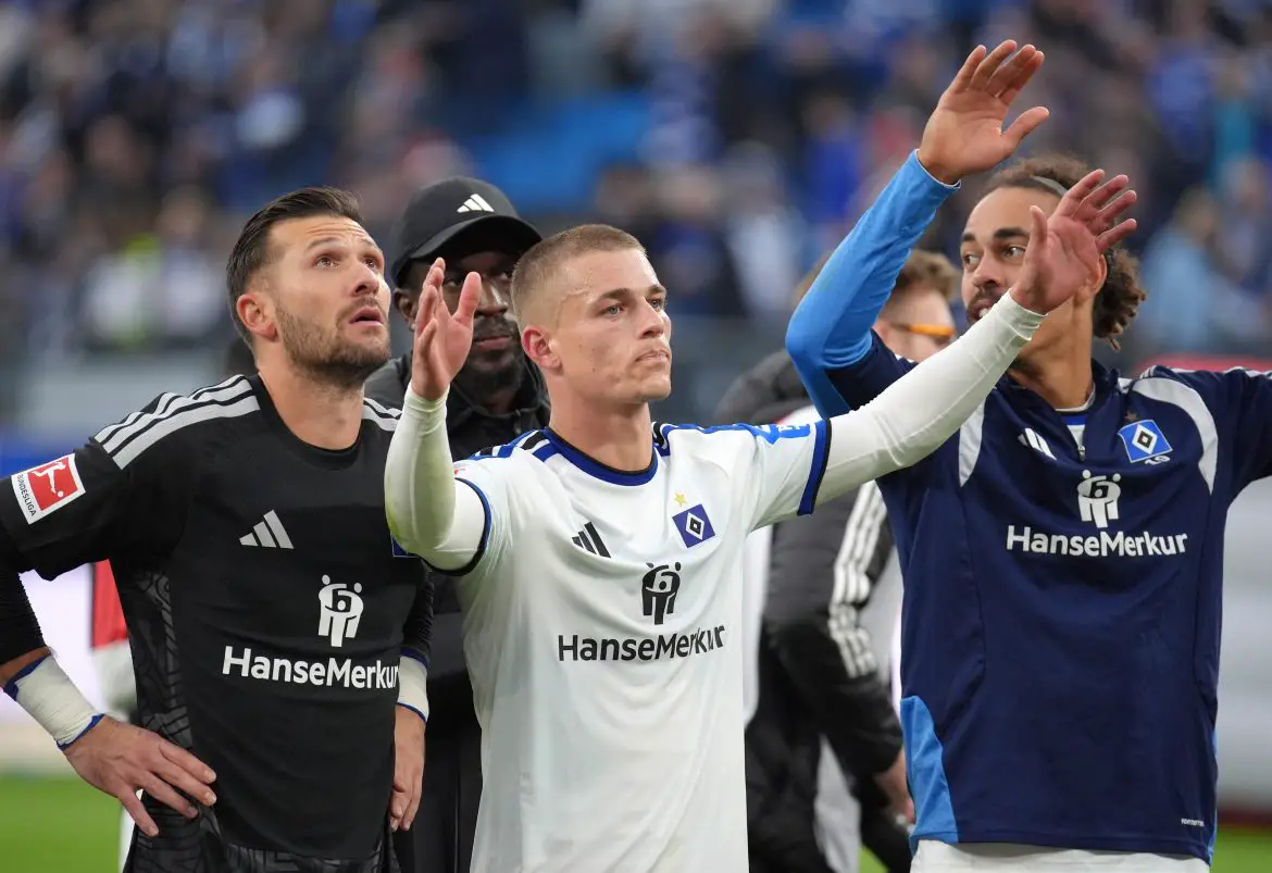 Hamburg's Miro Muheim celebrates Saturday's Bundesliga victory.