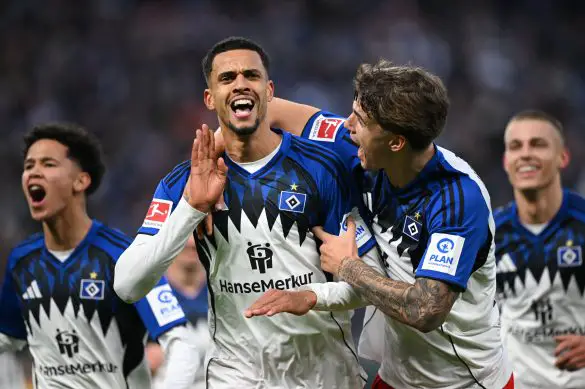Hamburg striker Robert Glatzel celebrates scoring his first Bundesliga goal in over four years.