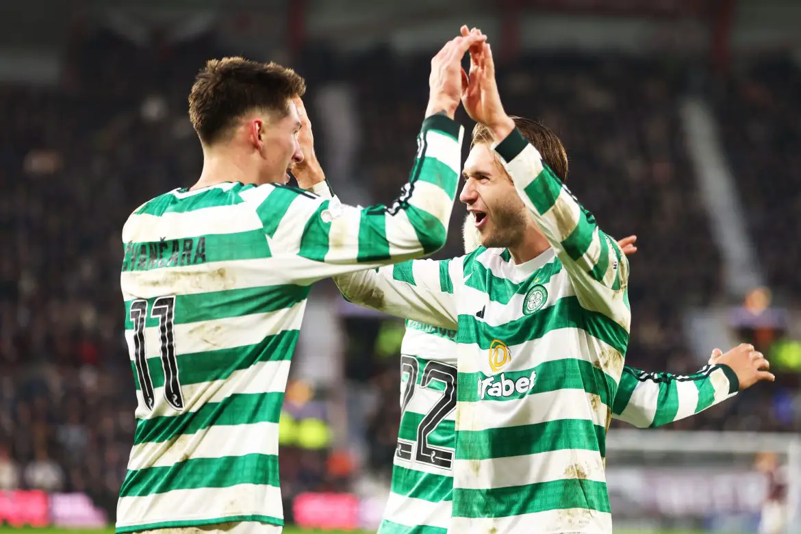 Borussia Mönchengladbach striker Tomas Cvancara (left) celebrates scoring for Celtic in the Scottish Premiership.