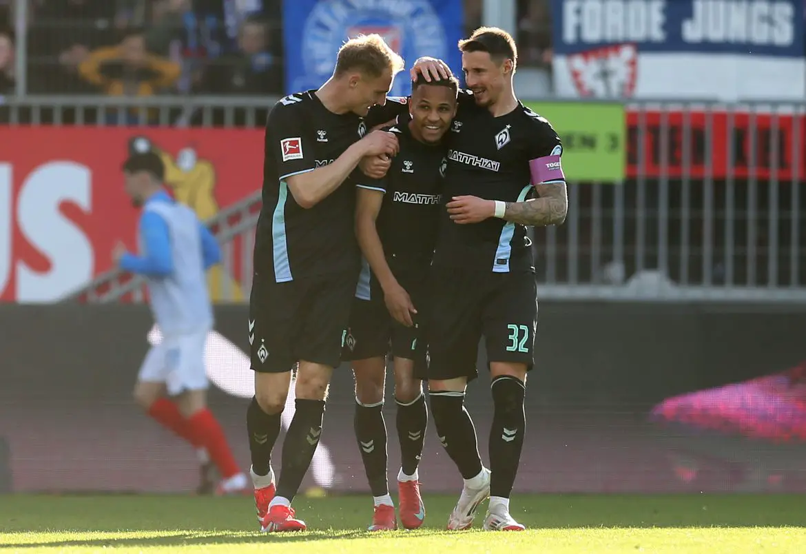 Werder Bremen congratulate goal-scorer Felix Agu on Saturday afternoon.