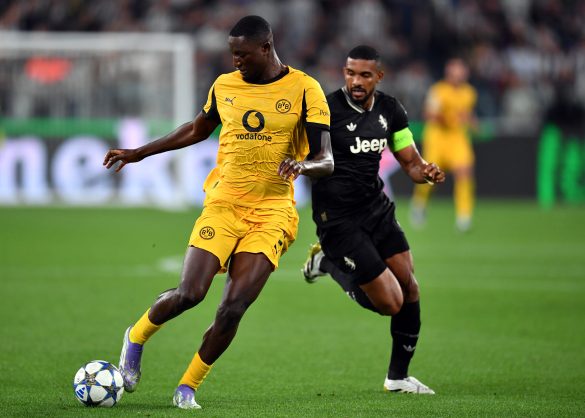 Borussia Dortmund striker Serhou Guirassy in action in the Champions League last night.