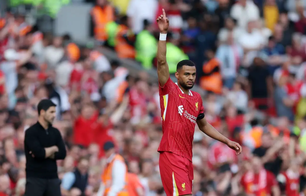 Cody Gakpo of Liverpool celebrates scoring in the Premier League game against Arsenal