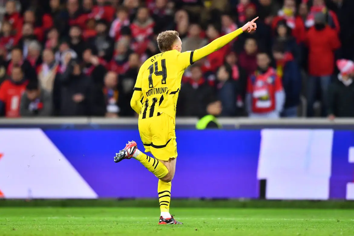 Maximilian Beier of Borussia Dortmund celebrates scoring against Lille in the Champions League.