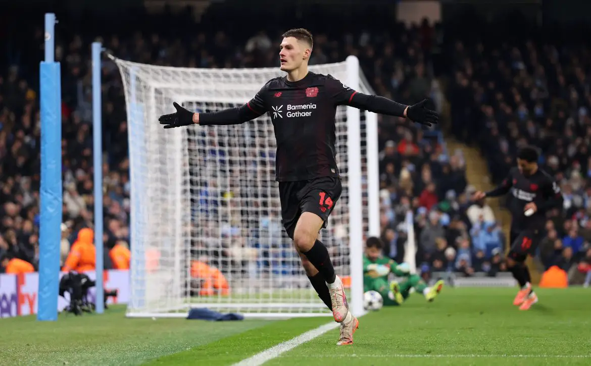 Patrik Schick celebrates scoring against Manchester City for Bayer Leverkusen in the UEFA Champions League.