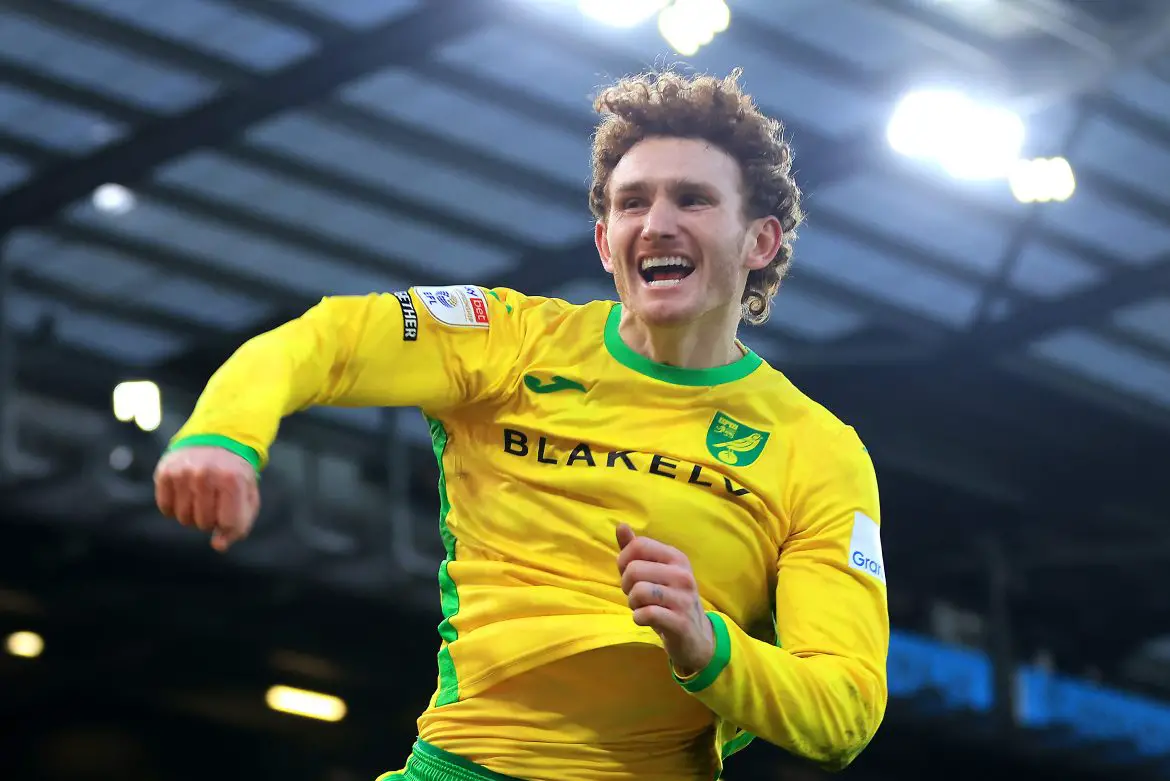 Josh Sargent celebrates scoring for Norwich City against Derby County.