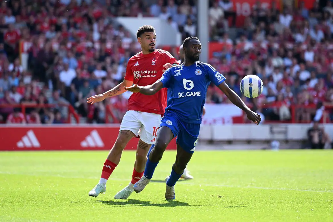 Wilfried Ndidi of Leicester City battles for the ball with Nottingham Forest's Morgan Gibbs-White.