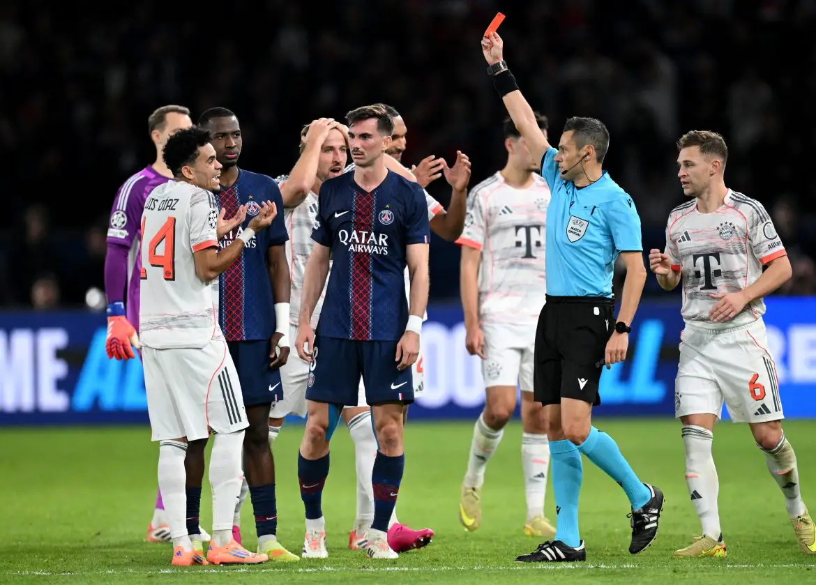 Bayern Munich's Luis Diaz being shown the red card against PSG in the Champions League.