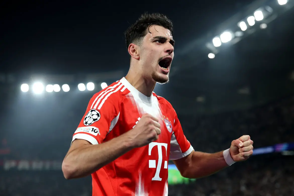 Bayern Munich's Aleksandar Pavlovic celebrates assisting on his team's second goal during Tuesday night's 5-4 loss to PSG in the opening leg of the 2025/26 Champions League semi-final.