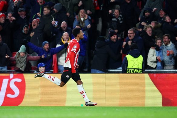 Malik Tillman celebrates scoring for PSV in the Champions League.