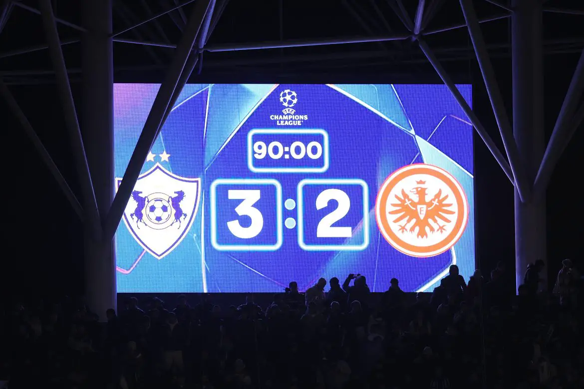 A Baku scoreboard displays the full time score by which Eintracht Frankfurt were officially eliminated from the UCL on Wednesday night.