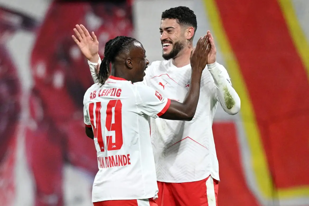 RB Leipzig teammates Yan Diomande (left) and Romulu (right) celebrate scoring in Friday's Bundesliga match against 1. FC Union Berlin.