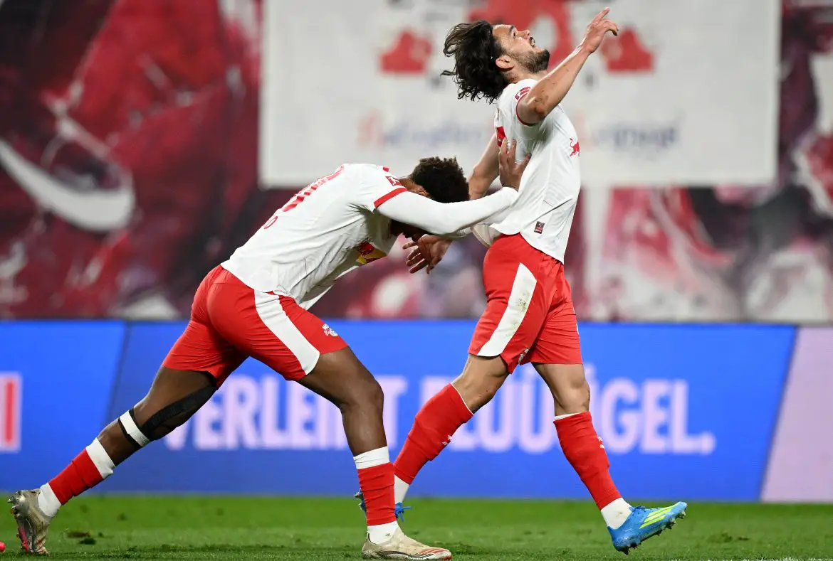 Max Finkgräfe (right) points skyward after scoring his second overall Bundesliga goal, and first in RB colors.