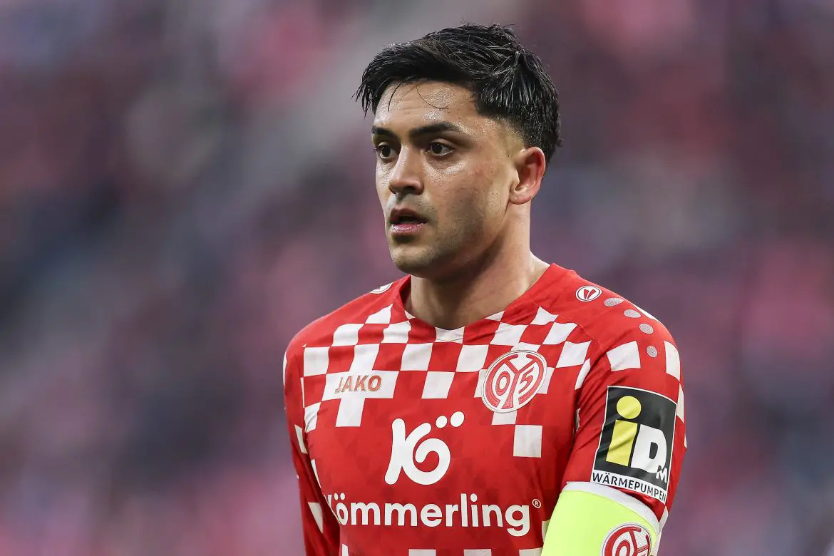 Nadiem Amiri in action against RB Leipzig in the Bundesliga.