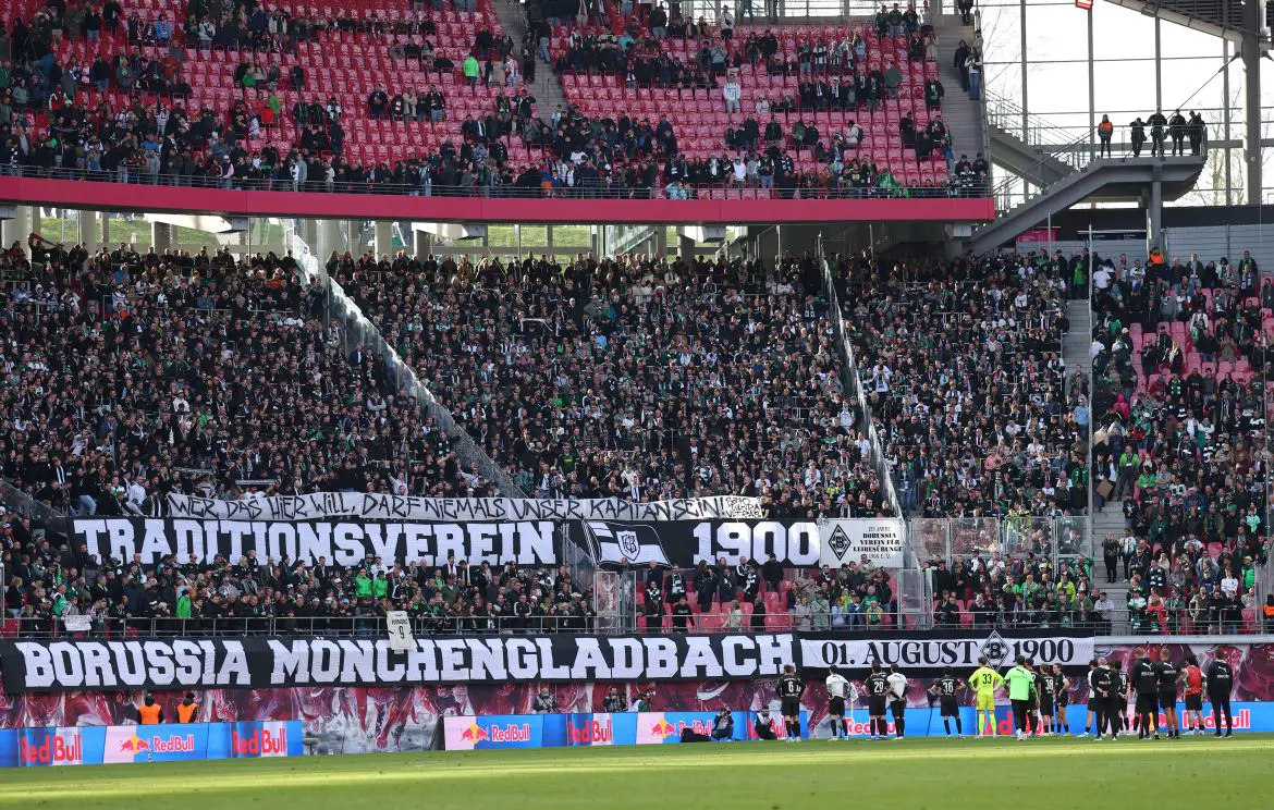 Borussia Mönchengladbach fans display a banner protesting Rocco Reitz's forthcoming move to RB Leipzig.