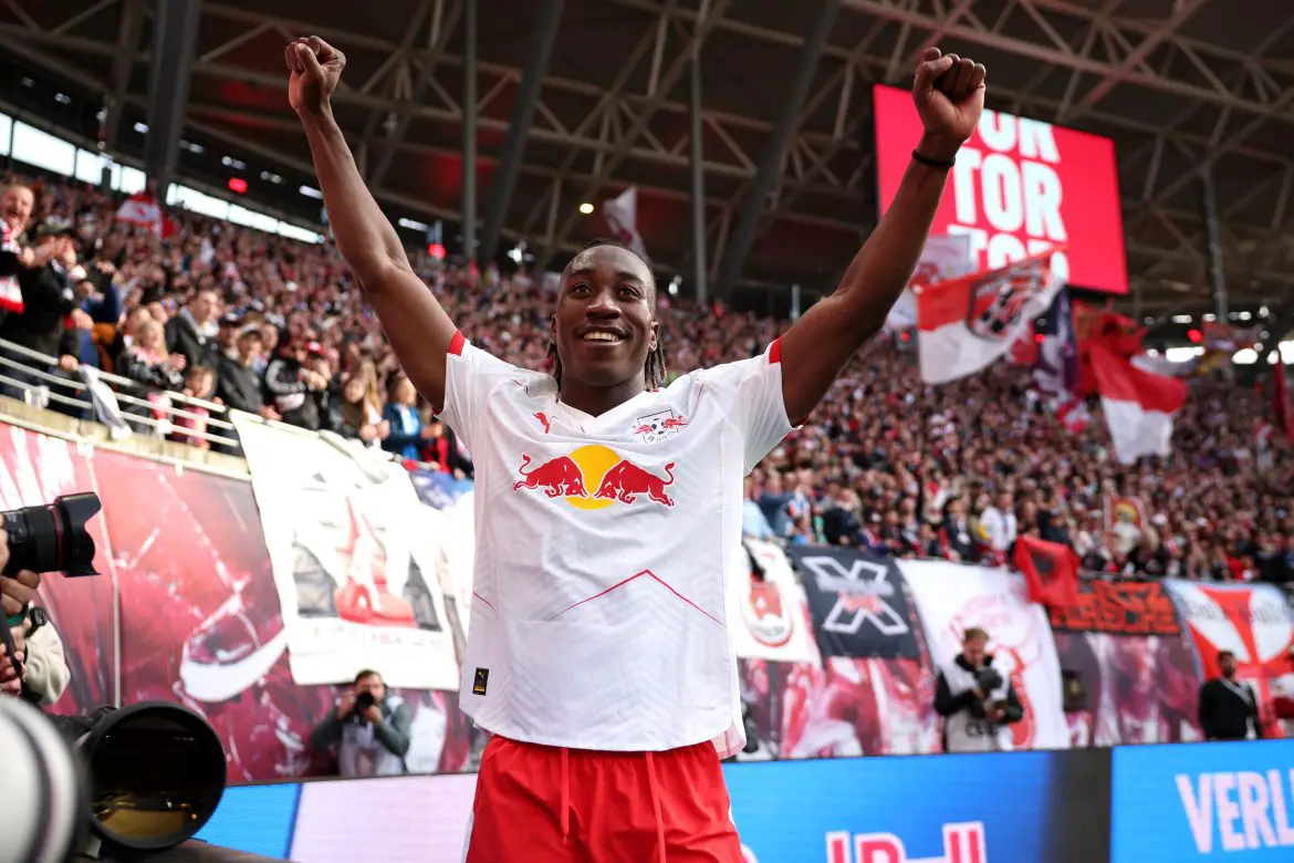 RB Leipzig's Yan Diomande celebrates scoring the game winning goal in Saturday's Bundesliga victory over Borussia Mönchengladbach.