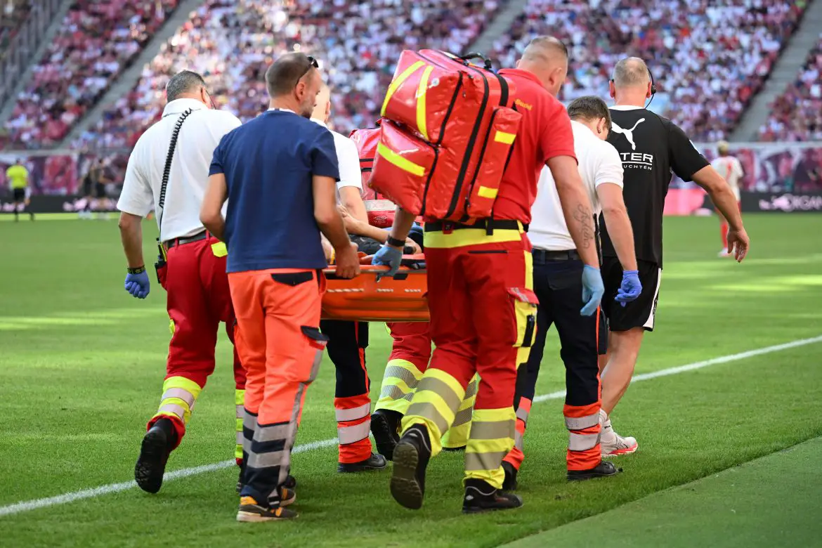 Borussia Mönchengladbach fullback Daiki Hashioka being stretchered off the pitch during Saturday's Bundesliga loss to RB Leipzig.