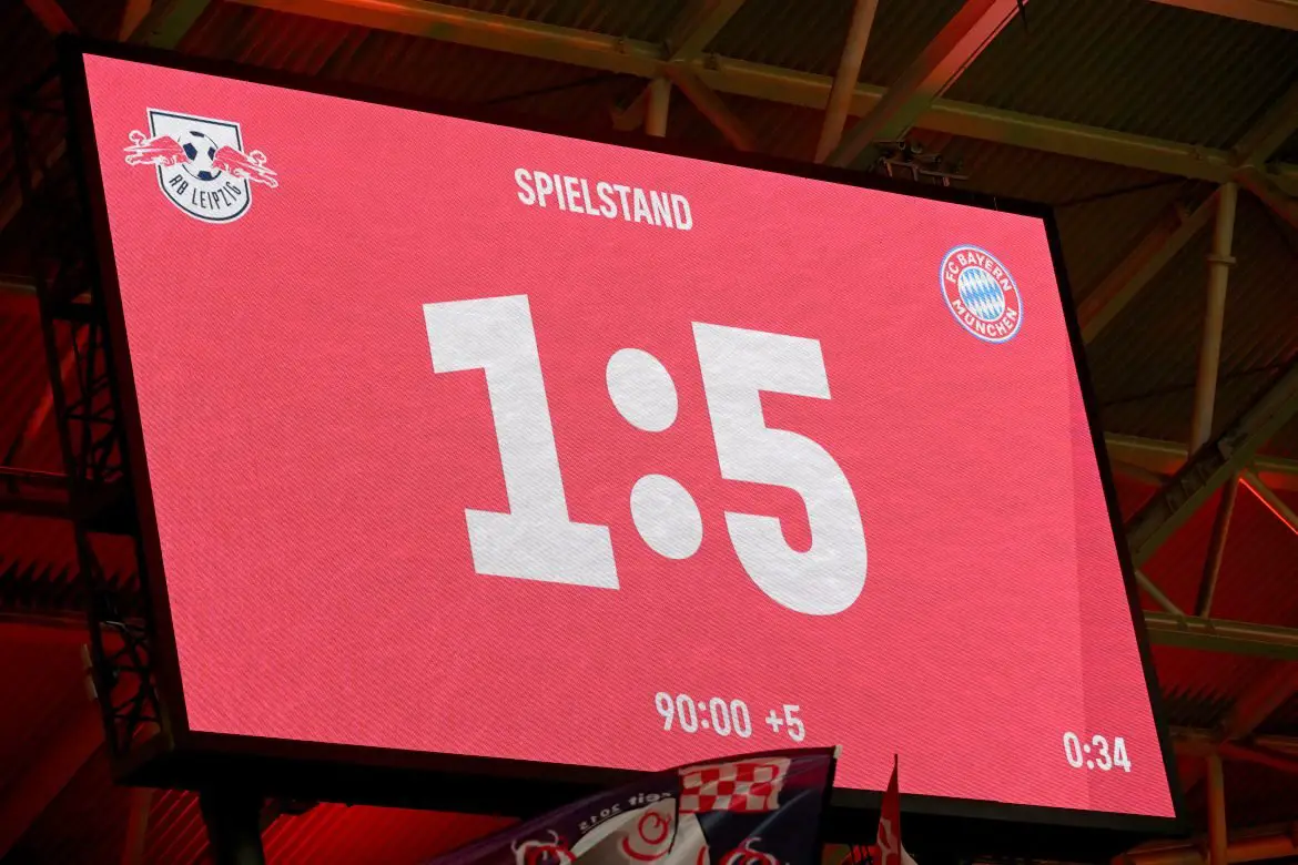 The scoreboard at the Red Bull Arena displays the final scoreline of RB Leipzig's latest Bundesliga defeat to Bayern Munich.