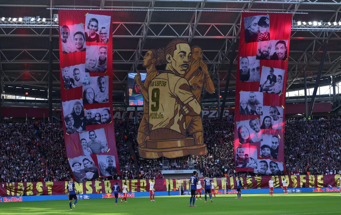 RB Leipzig fans pay tribute to current Hamburg captain Yussuf Poulsen at the Red Bull Arena.