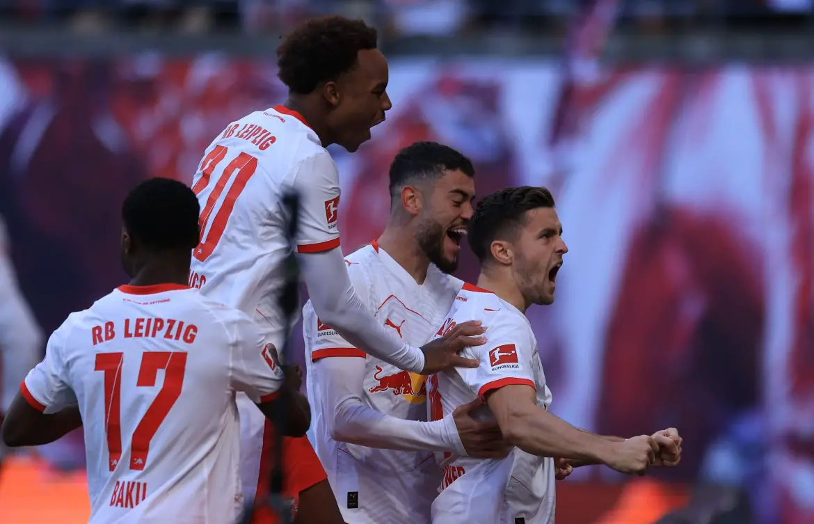 Christoph Baumgartner celebrates scoring with his RB Leipzig teammates in the Bundesliga against Hamburg.