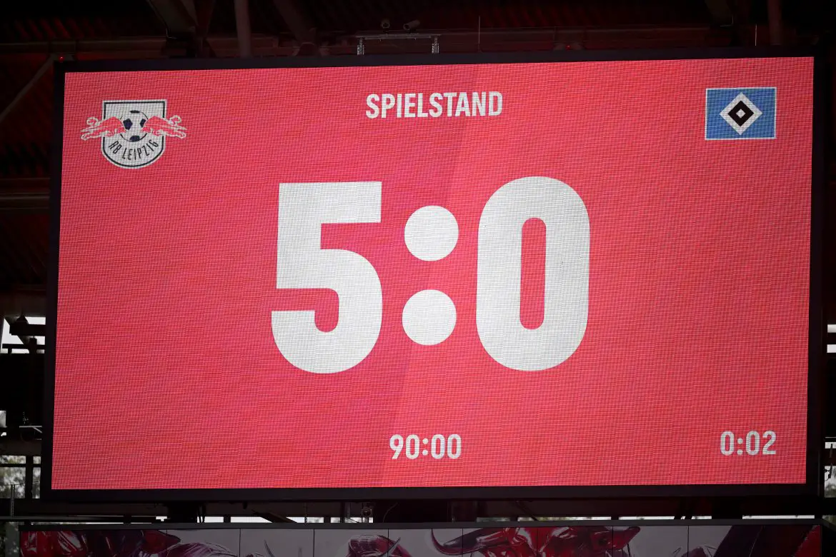 The Red Bull Arena scoreboard shows the final scoreline in Sunday's Bundesliga match between RB Leipzig and Hamburg.