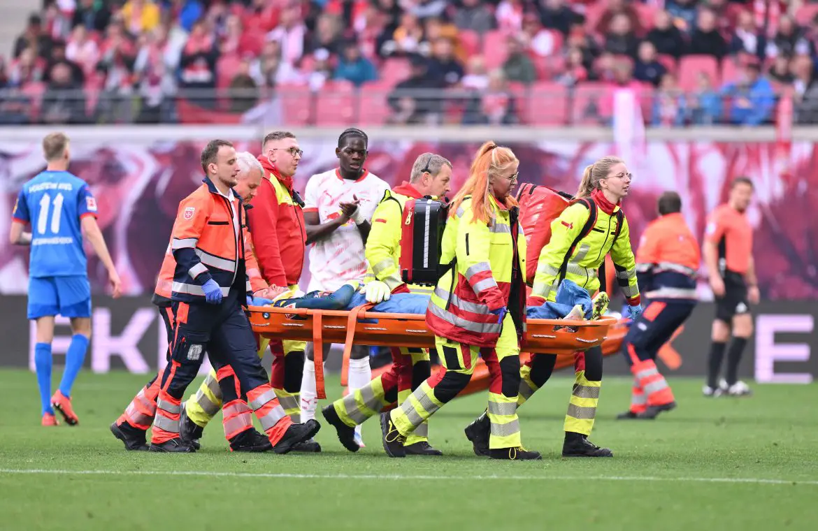 RB Leipzig keeper Peter Gulacsi being stretchered off the field at the Red Bull Arena Saturday afternoon.