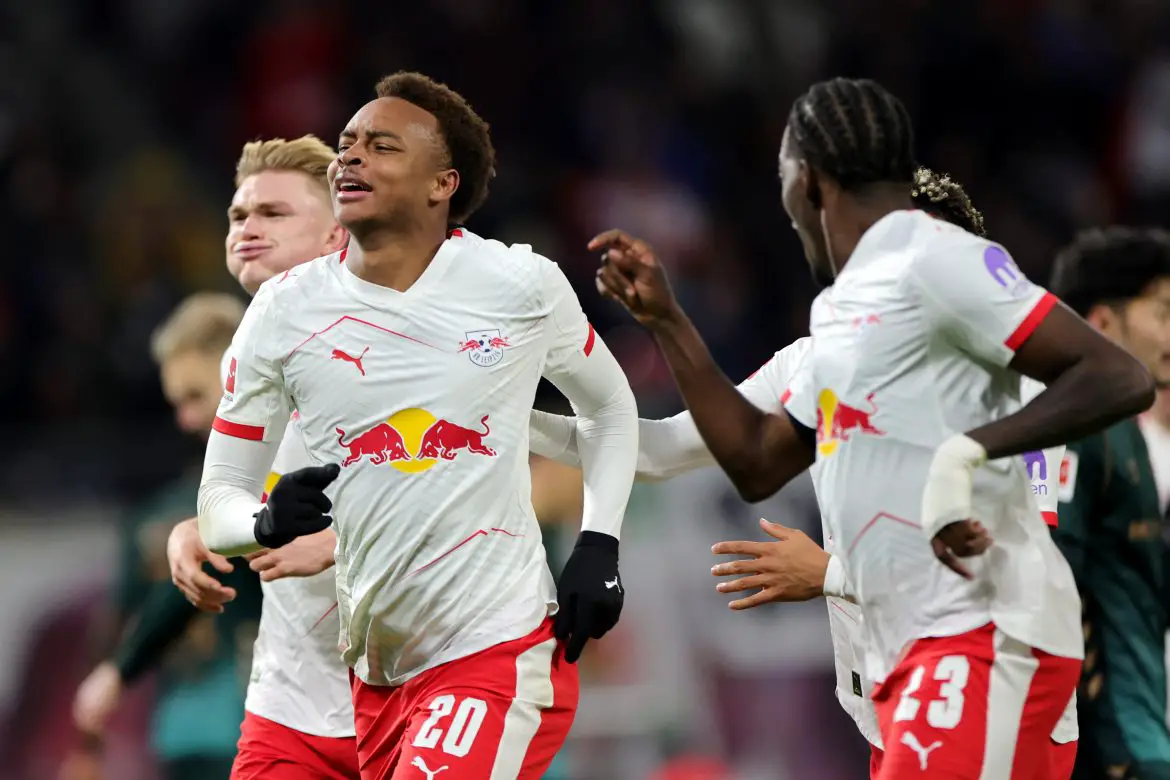 Assan Ouédraogo celebrates scoring the opening goal as RB Leipzig beat Werder Bremen in the Bundesliga.