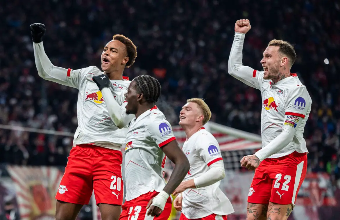 Assan Ouedraogo celebrates scoring in the Bundesliga for RB Leipzig.