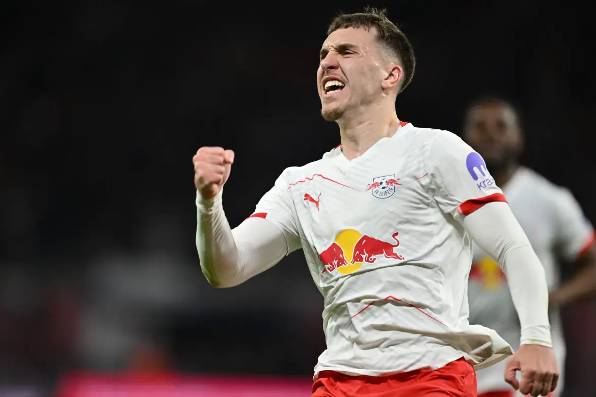 Brighton's Brajan Gruda celebrates scoring a Bundesliga goal for RB Leipzig.