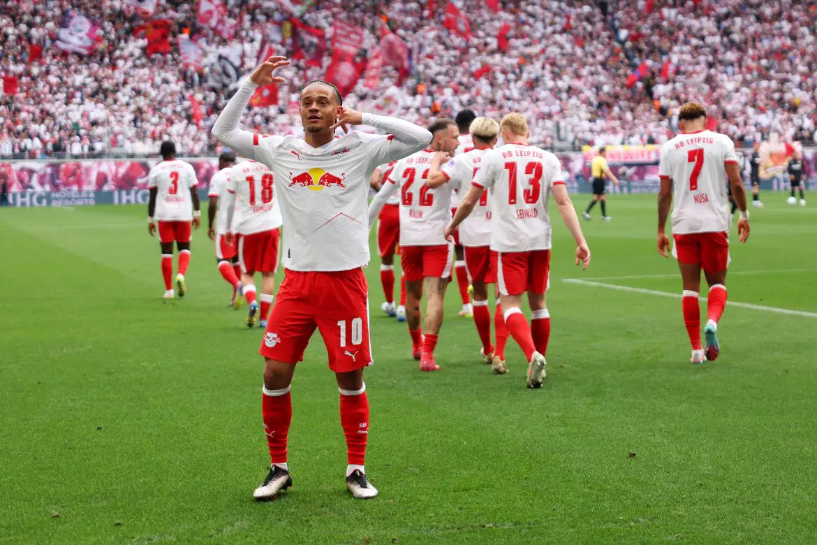 Chelsea target Xavi Simons celebrates a goal for RB Leipzig.