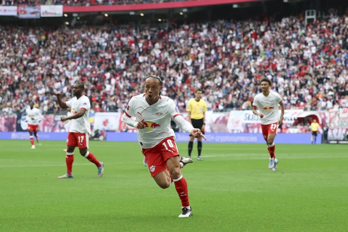 Xavi Simons celebrates scoring in the Bundesliga for RB Leipzig against Stuttgart.