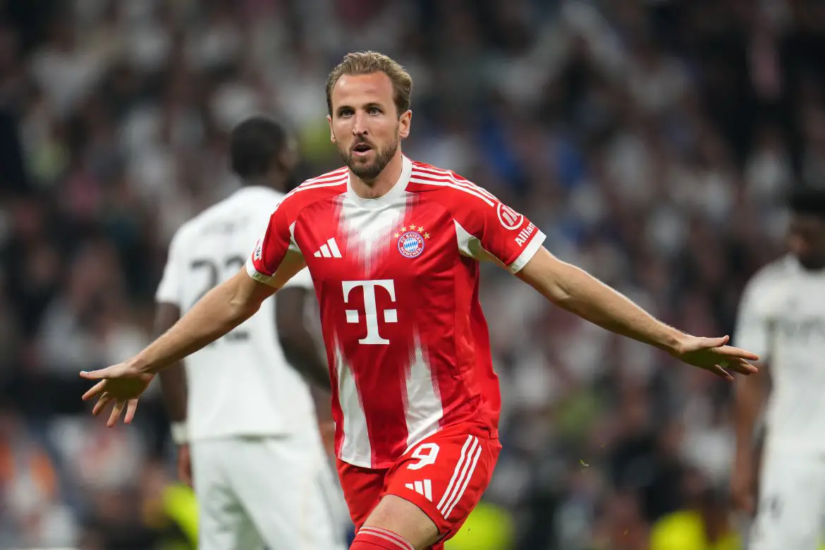 Bayern Munich's Harry Kane celebrates scoring against Real Madrid in the UEFA Champions League.