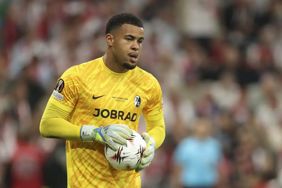 Freiburg keeper Noah Atubolu playing against Aston Villa in the 2025/26 Europa League Final.