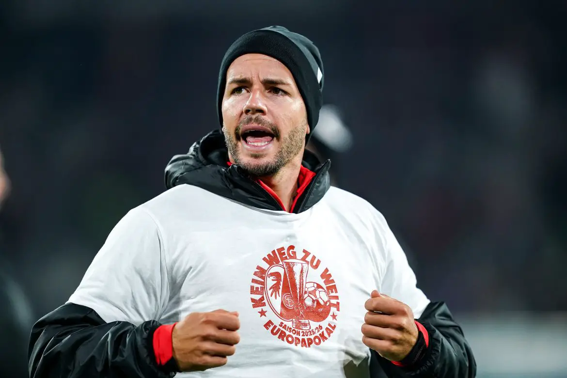 SC Freiburg captain Christian Günter sports a special Europa League T-shirt printed up by supports of his Bundesliga club.