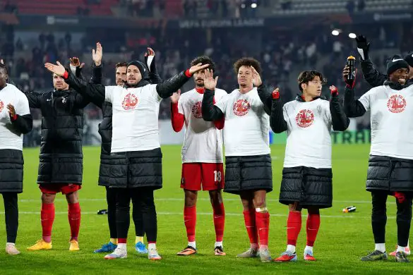 SC Freiburg captain Christian Günter leads post-match cheers before the Freiburg FanKurve after last night's Europa League victory.