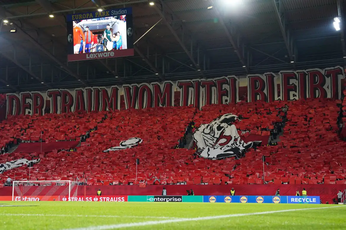 SC Freiburg supporters unveil a choreo ahead of their Bundeligs club's Conference League fixture on Thursday night.