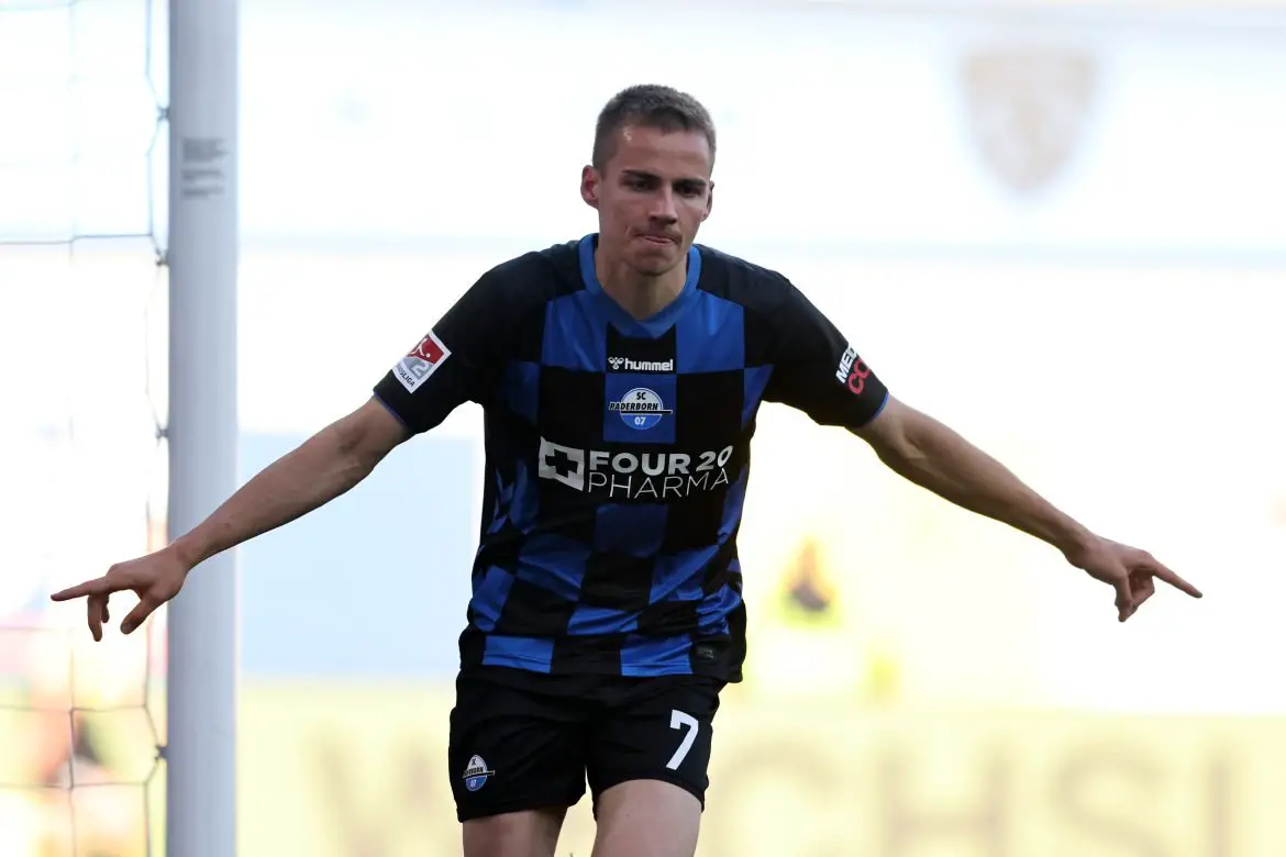 Paderborn striker Filip Bilbija celebrates scoring in the 2. Bundesliga.