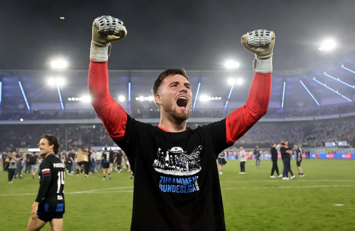 VfB Stuttgart keeper Dennis Seimen celebrates promotion from the 2. Bundesliga with SC Paderborn 07 last spring.
