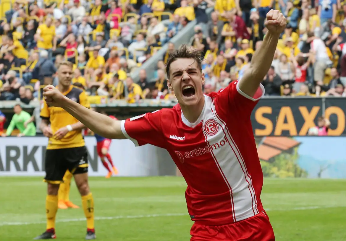 A 20-year-old Florian Neuhaus celebrates earning promotion to the German top flight with Fortuna Düsseldorf on the final matchday of the 2017/28 2. Bundesliga campaign.