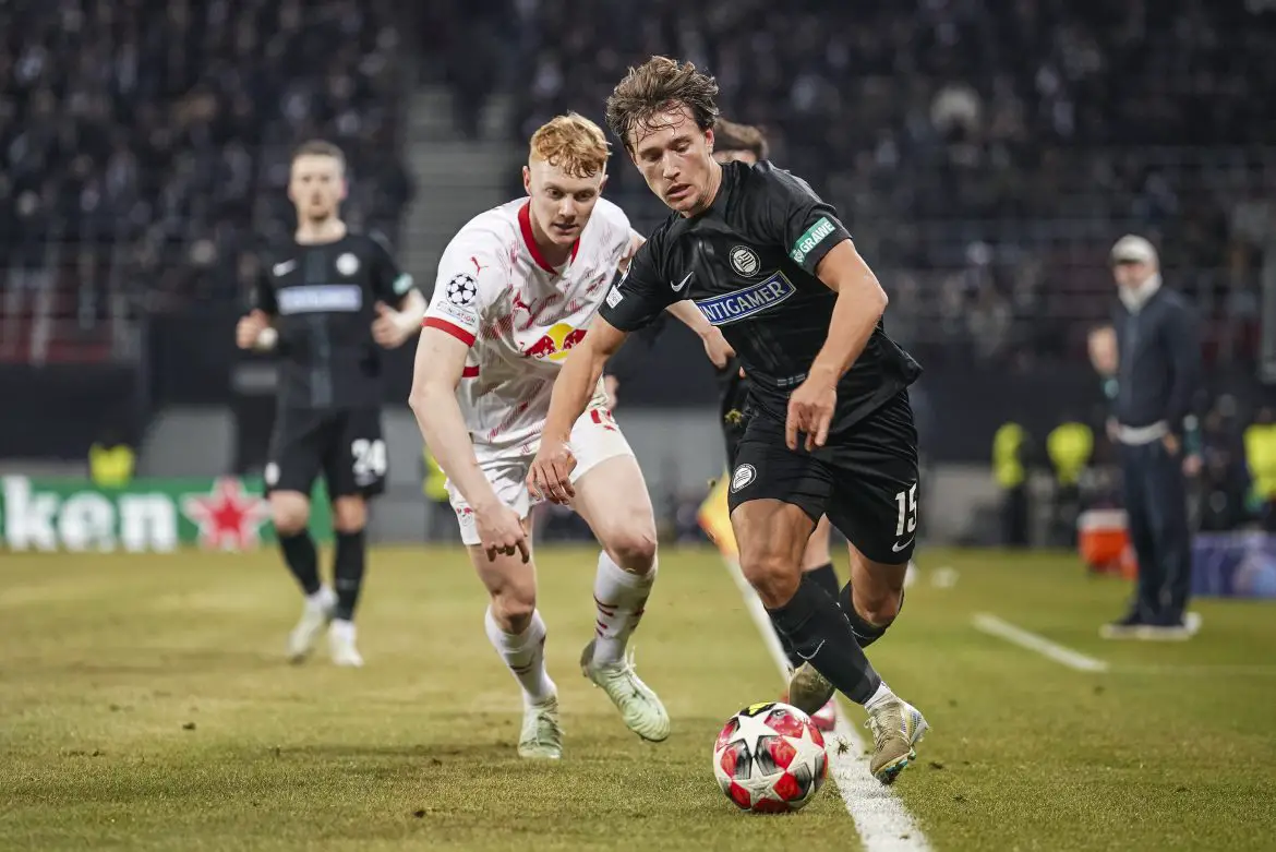 Sturm Graz attacker William Boving in the Champions League against RB Leipzig.