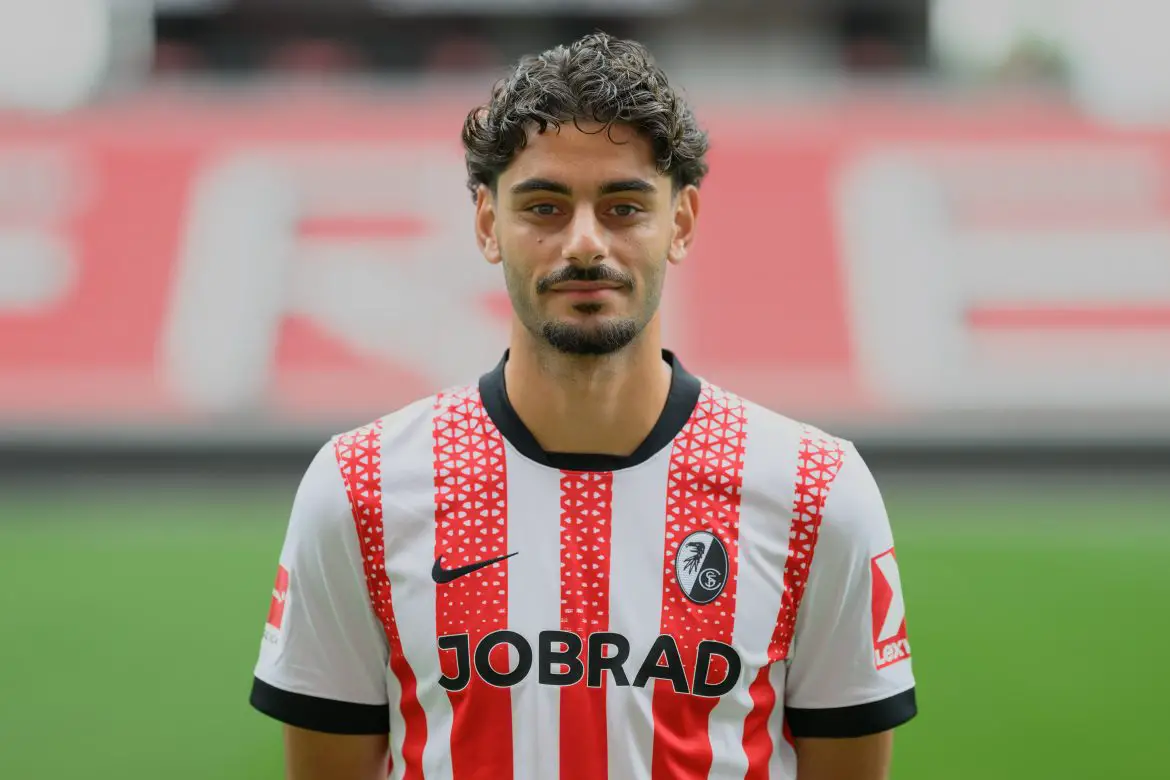 Potential Werder Bremen transfer target Eren DInkçi during a SC Freiburg team presentation.