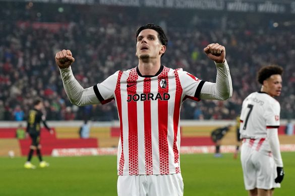 Freiburg striker Igor Matanovic celebrates scoring his 5th Bundesliga goal of the season.