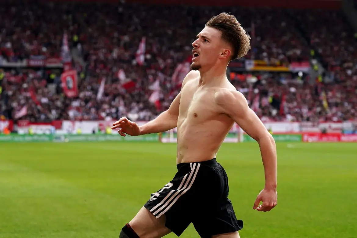 Lennart Karl celebrates scoring Bundesliga winner for Bayern Munich.