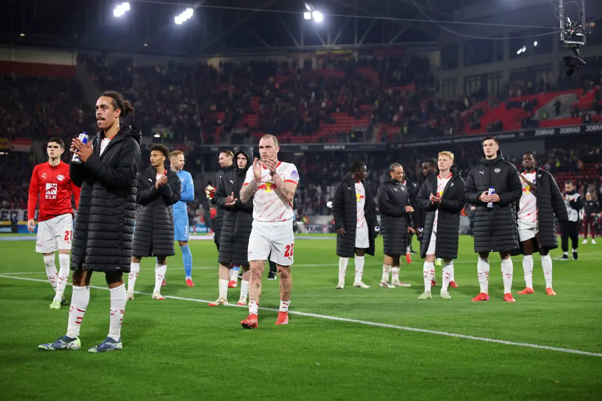 David Raum of RB Leipzig applauding the club's fans after their Bundesliga game against Freiburg.
