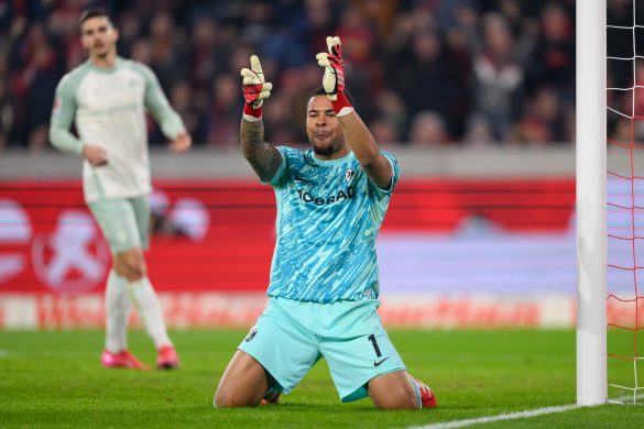 Freiburg keeper Noah Atubolu after tying a Bundesliga record with a penalty save against Werder Bremen last February.