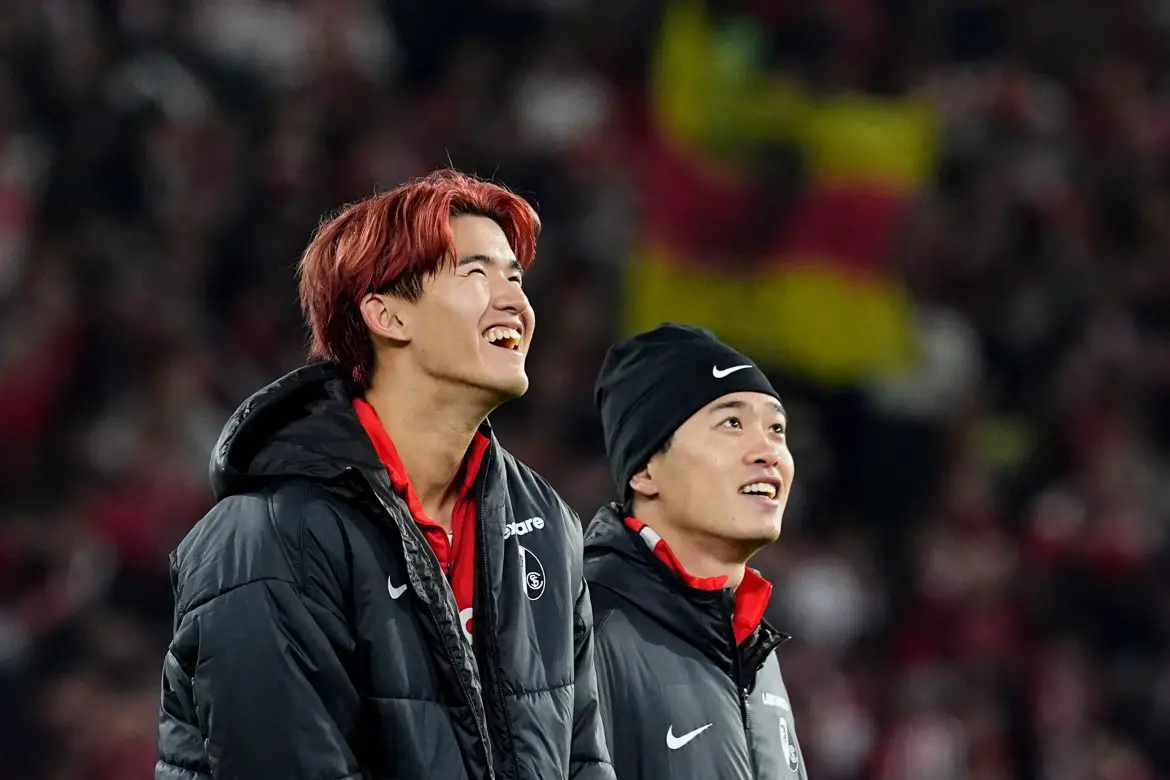 SC Freiburg's Keisuke Goto celebrates his club's DFB-Pokal victory.