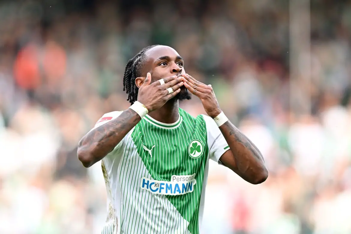 New Elversberg signing Noel Futkeu celebrates scoring a 2. Bundesliga goal for Fürth last season.