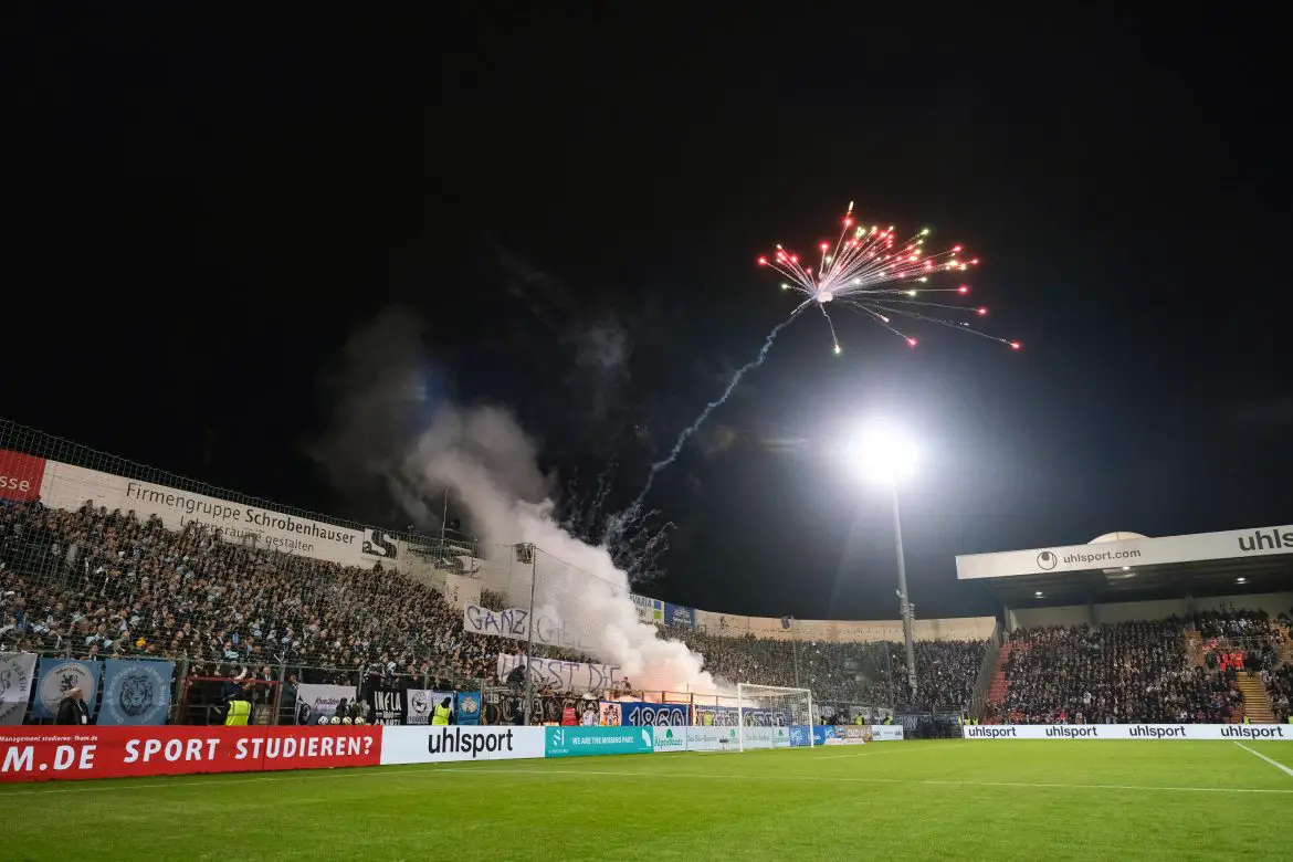 Sport Park Unterhaching during a 3. Liga night match.