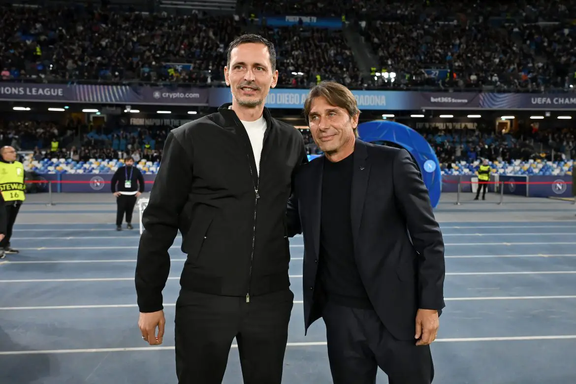 Eintracht Frankfurt head coach Dino Toppmöller (left) and Napoli trainer Antonio Conté ahead of last night's Champions League fixture.