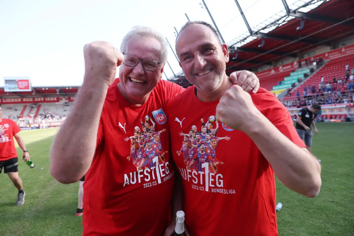 1. FC Heidenheim club CEO Holger Sanwald (left) and FCH head coach Frank Schmidt (right) celebrating Bundesliga promotion.